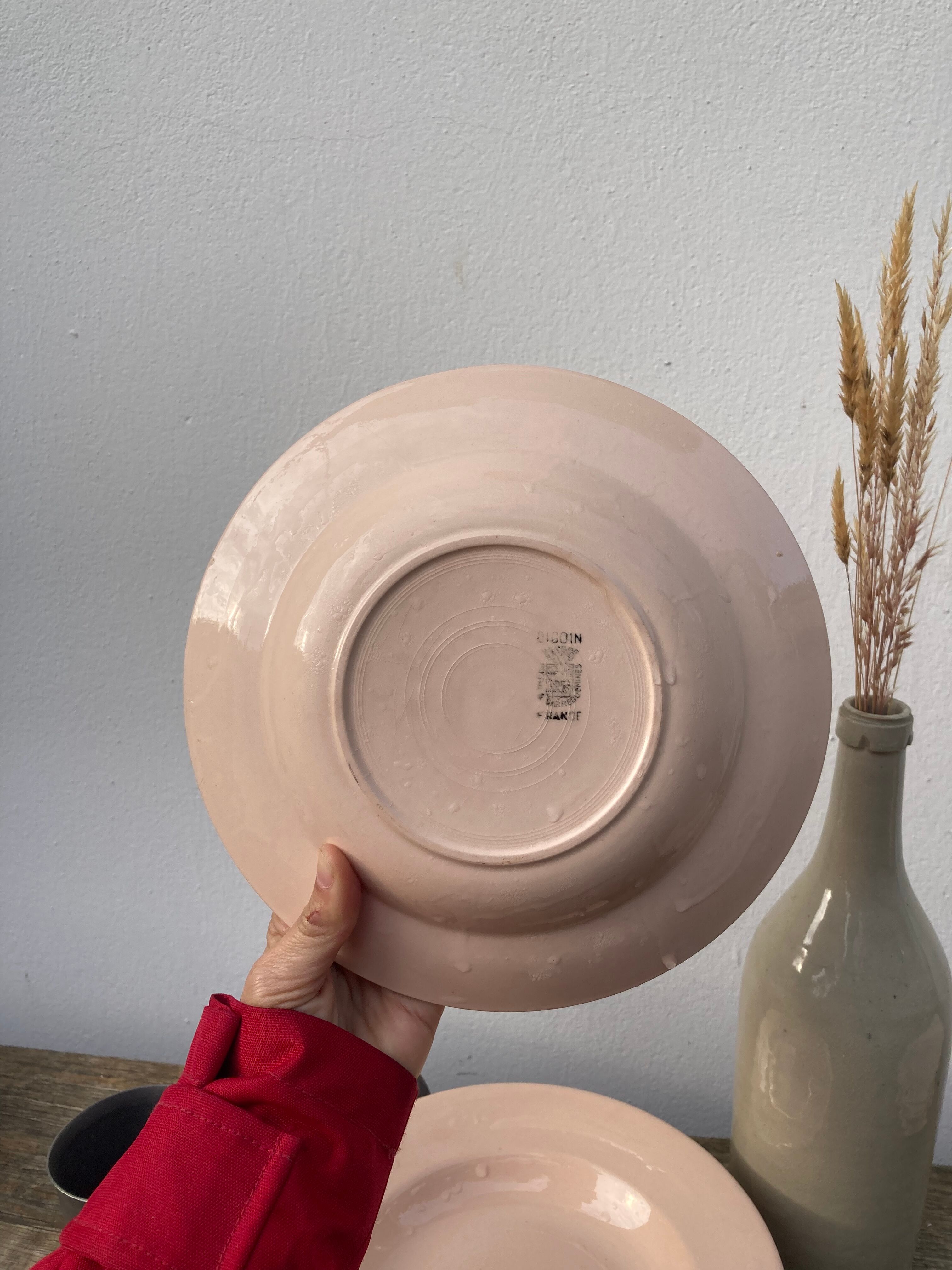 8 hollow plates Digoin Sarreguemines powder pink old