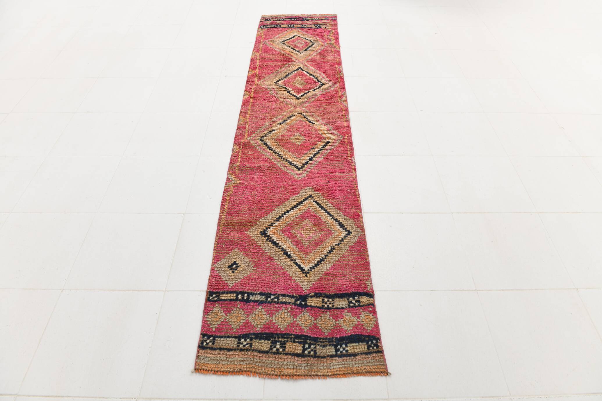 Pink & Beige Tribal Motifs Vintage Runner Rug, 63x295 Cm