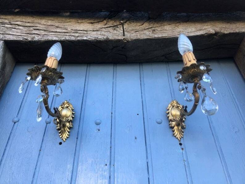 Vintage French Crystal Wall Sconces: Victorian Bronze & Brass Pair