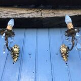 Vintage French Crystal Wall Sconces: Victorian Bronze & Brass Pair