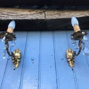 Vintage French Crystal Wall Sconces: Victorian Bronze & Brass Pair