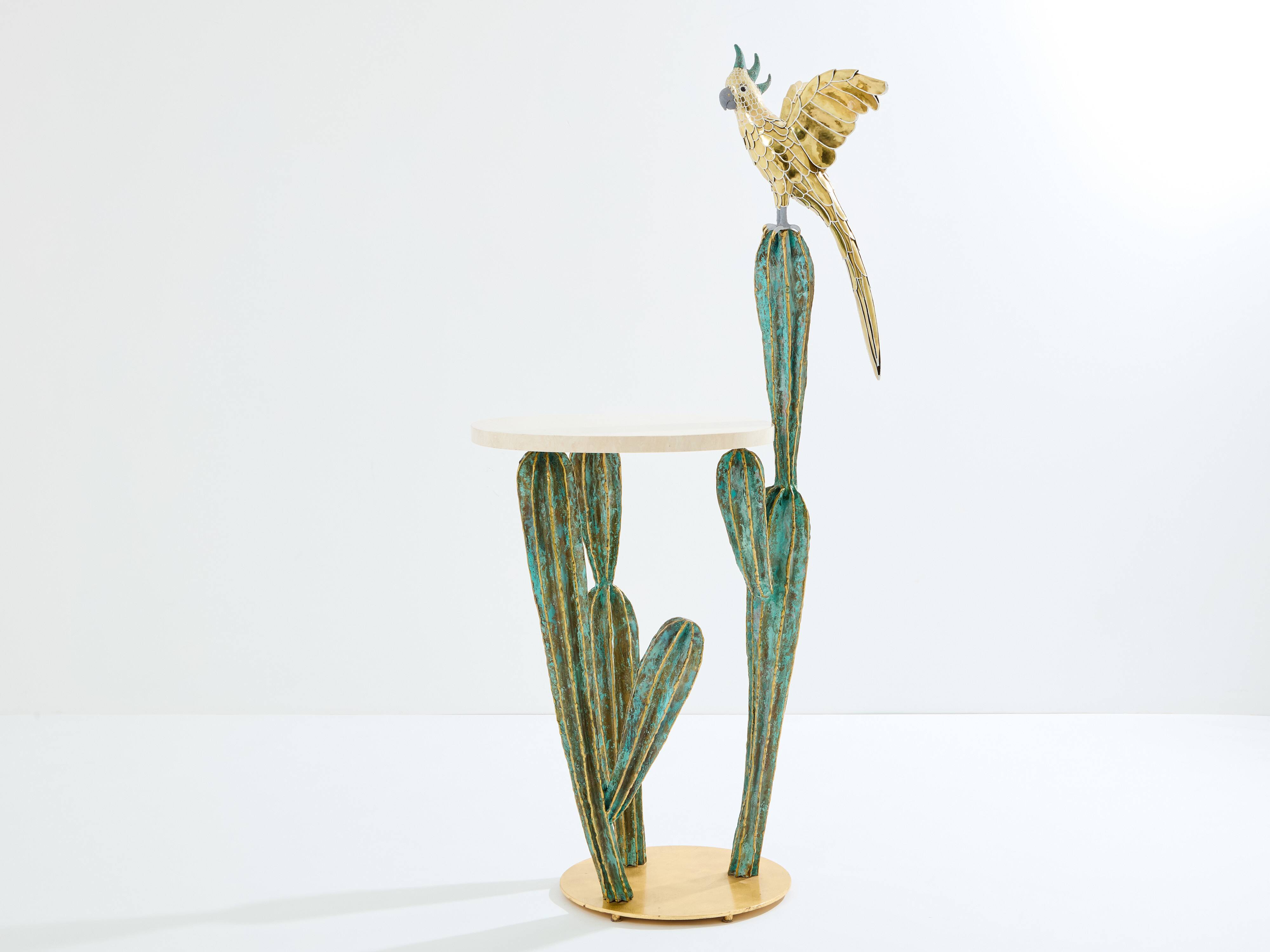 Brass cactus and parrot sculpture console Alain Chervet 1989