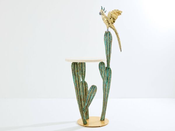 Console sculpture laiton cactus et perroquet Alain Chervet 1989