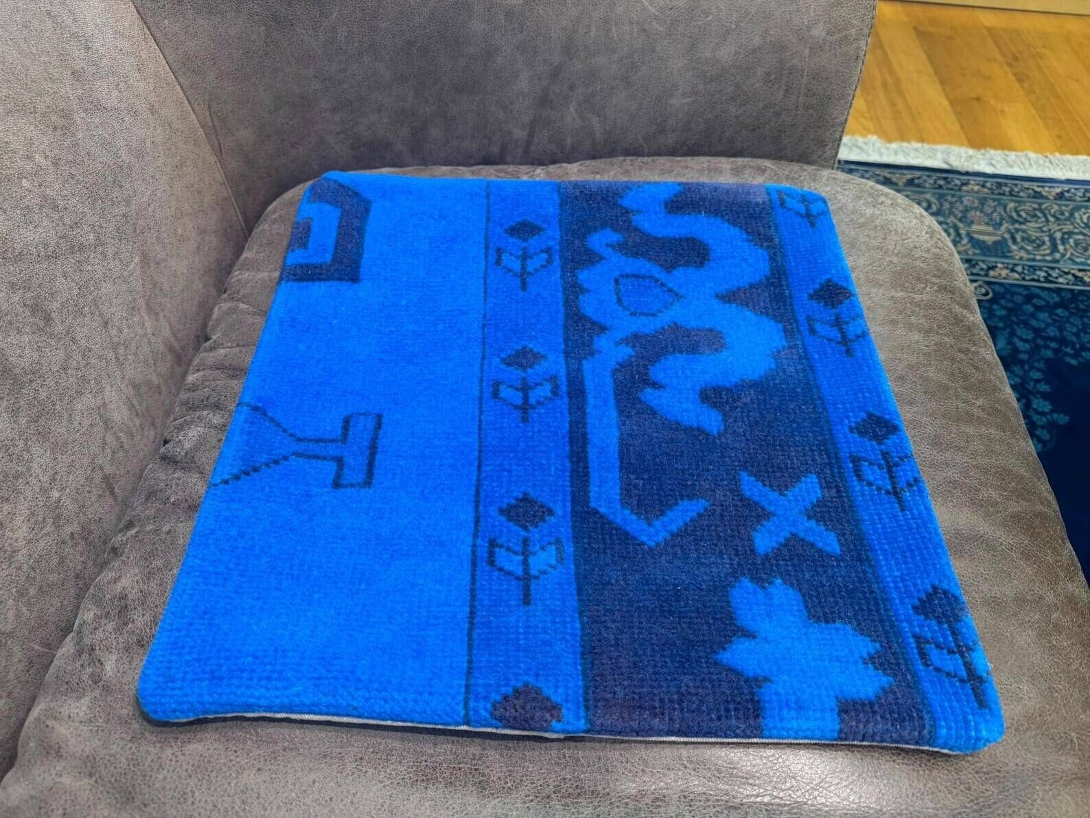 Asymmetric Blue Turkish Rug Pillow, 16x16 Square Wool Cushion Cover