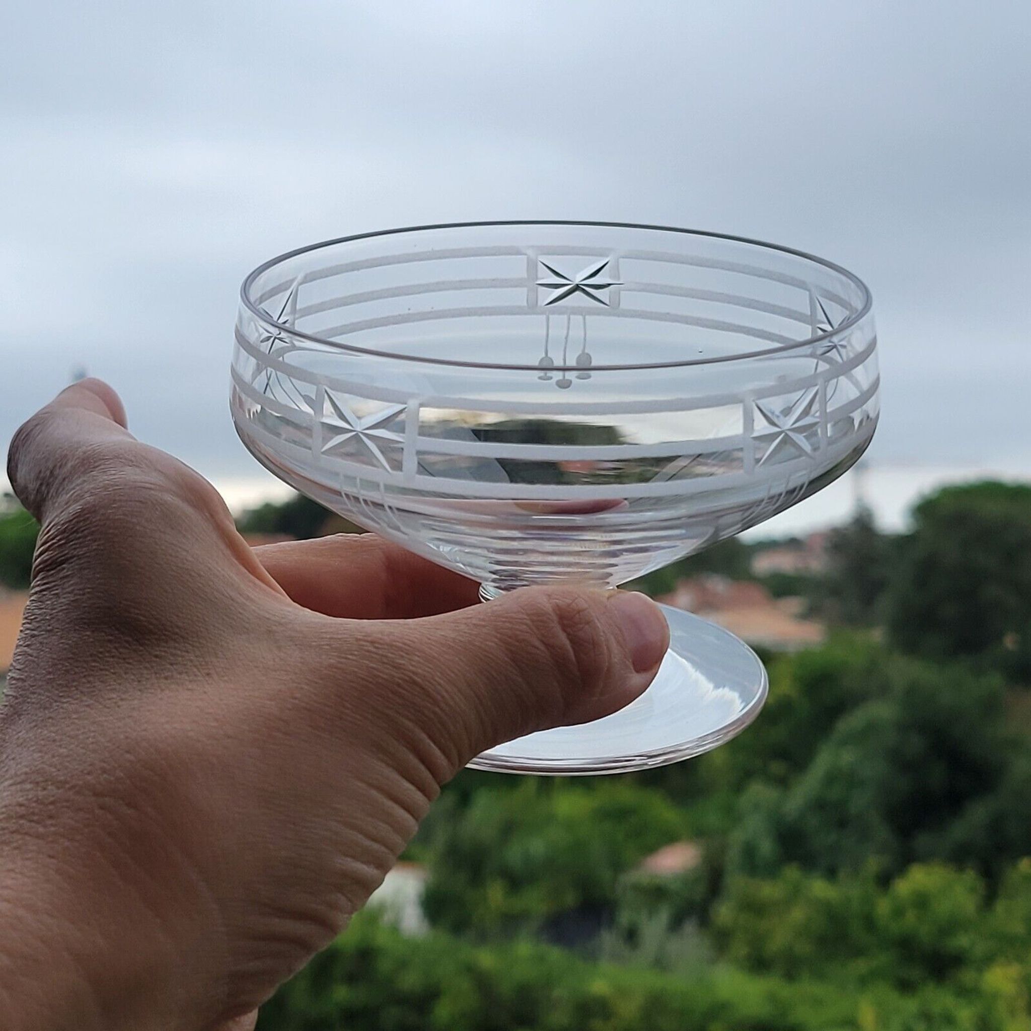 9 old champagne glasses in cut crystal and engraved art deco