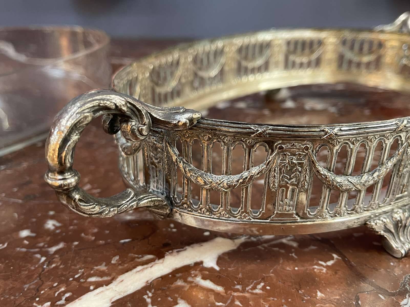 Silver-plated metal and glass centerpiece from the early 20th century