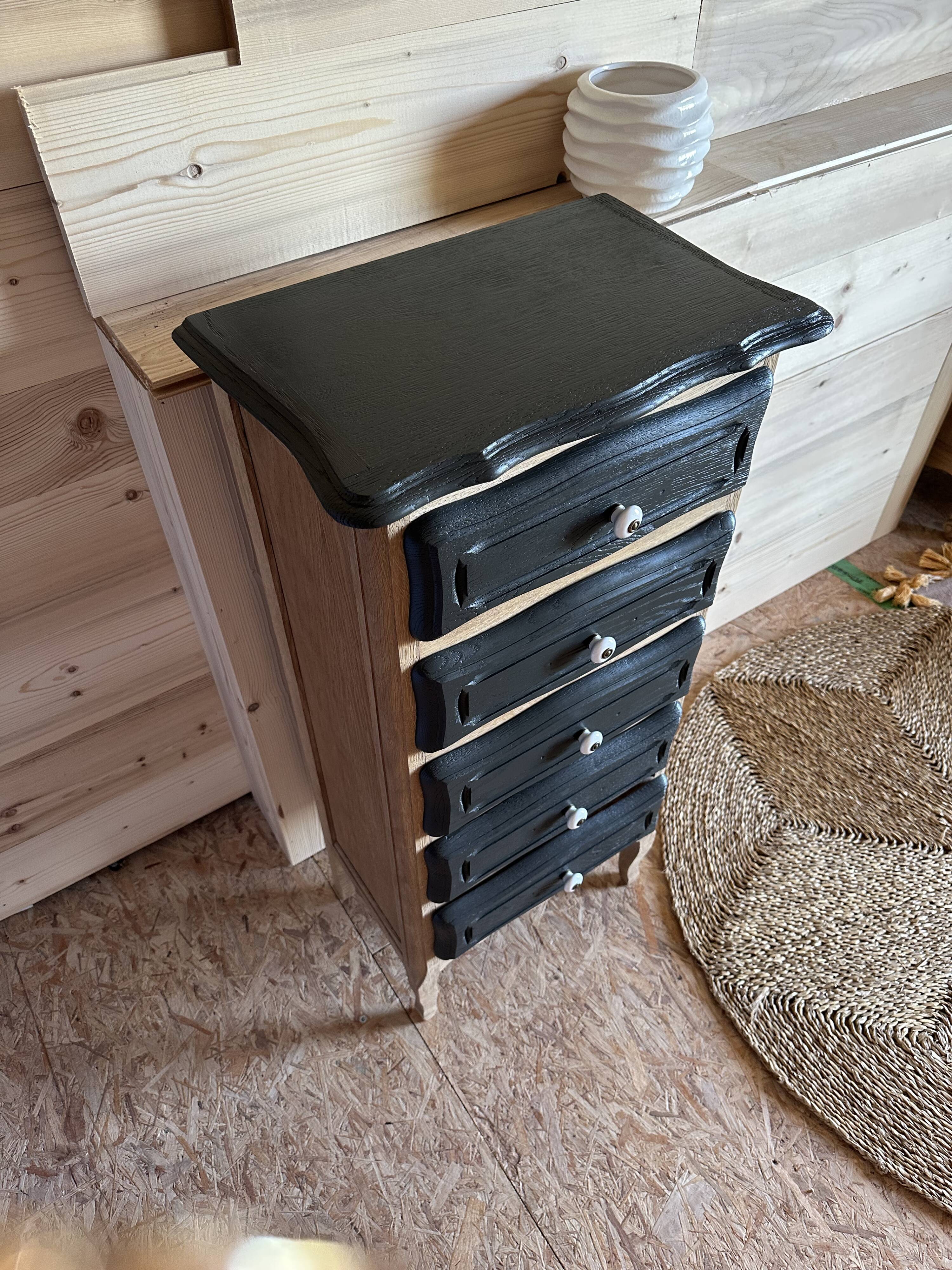 Chiffonnier bois brut et noir 5 tiroirs