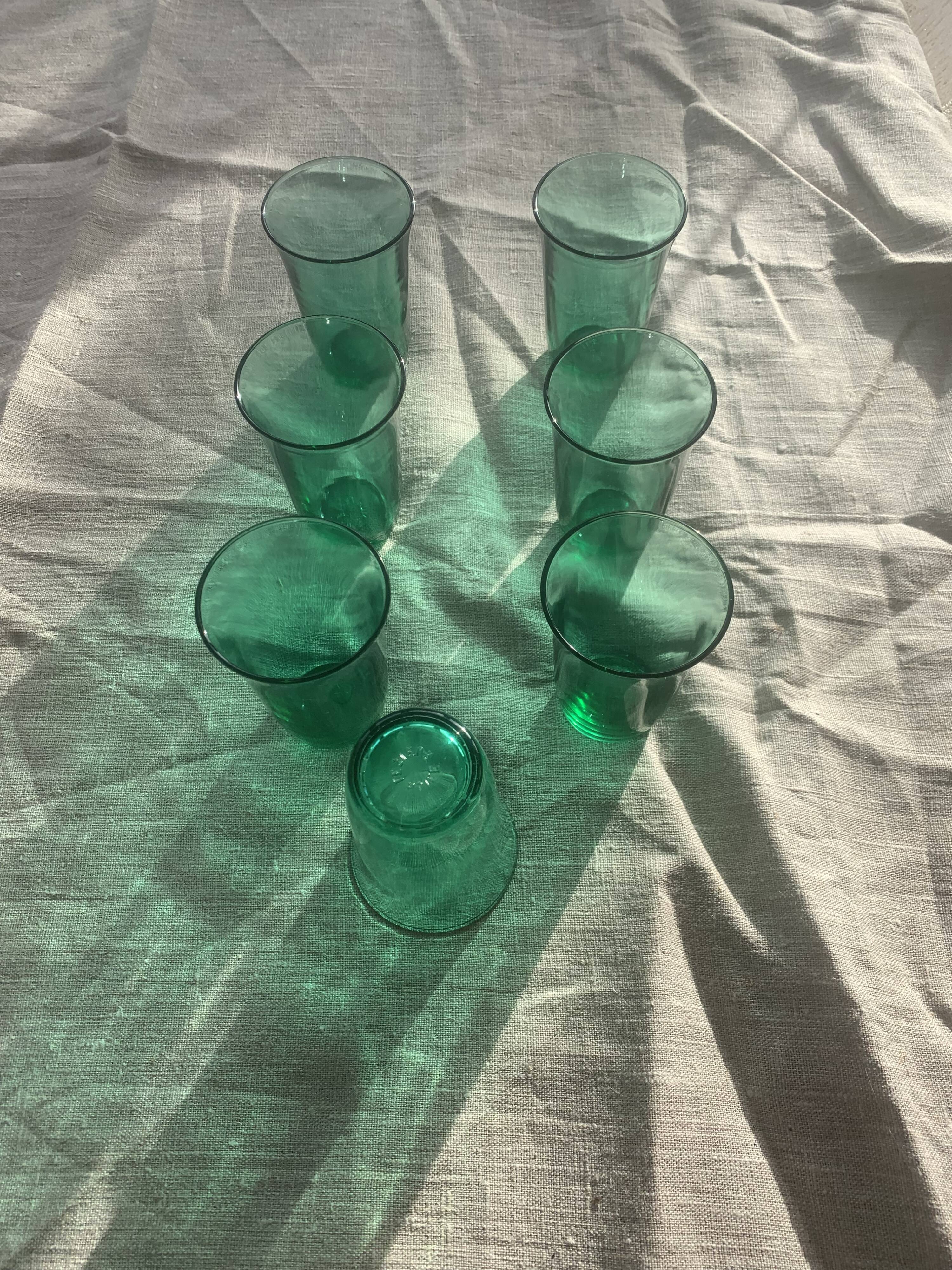 7 water glasses in green glass advertising vintage Lesieur oil