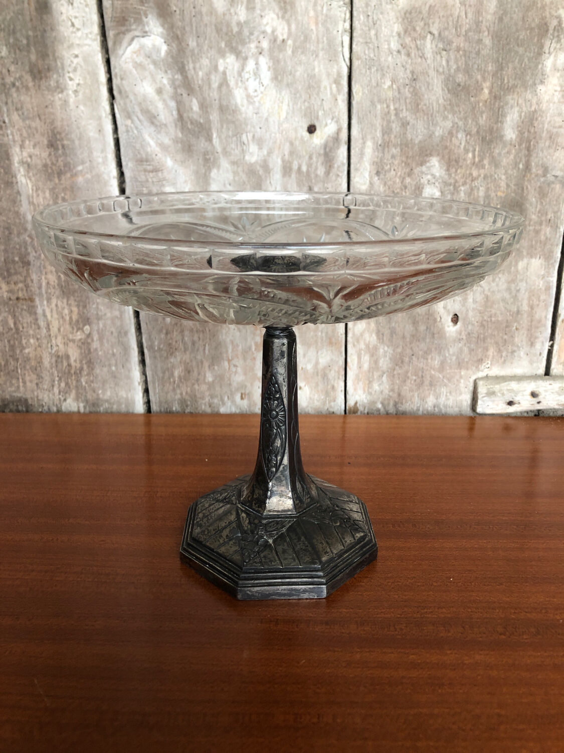 Old centerpiece cut art deco glass + foot silver metal vintage #a285