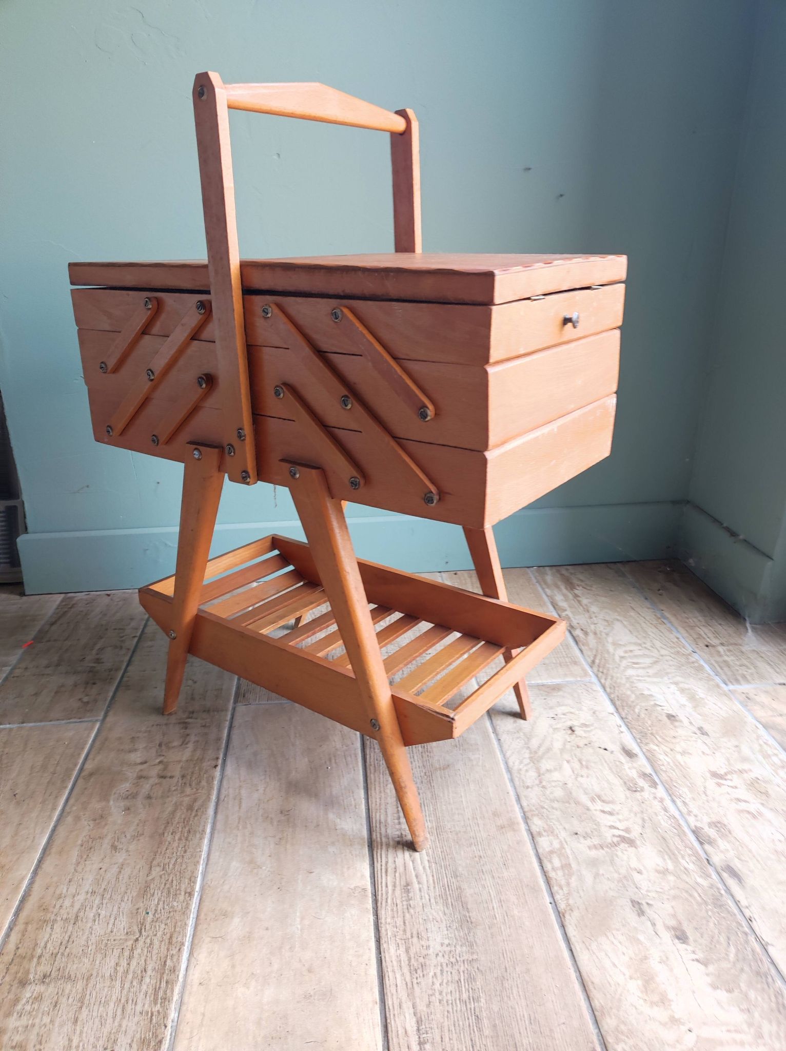 Sewing box worker wood feet compass vintage Scandinavian design