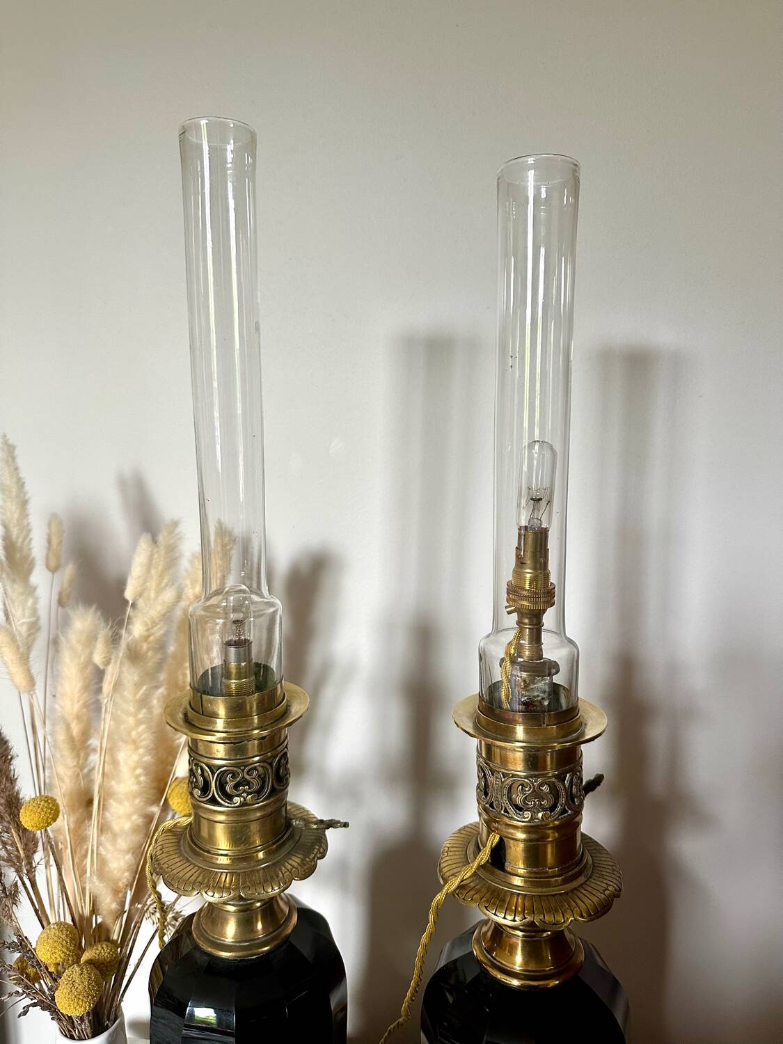 Pair of Napoleon III bronze and glass lamps
