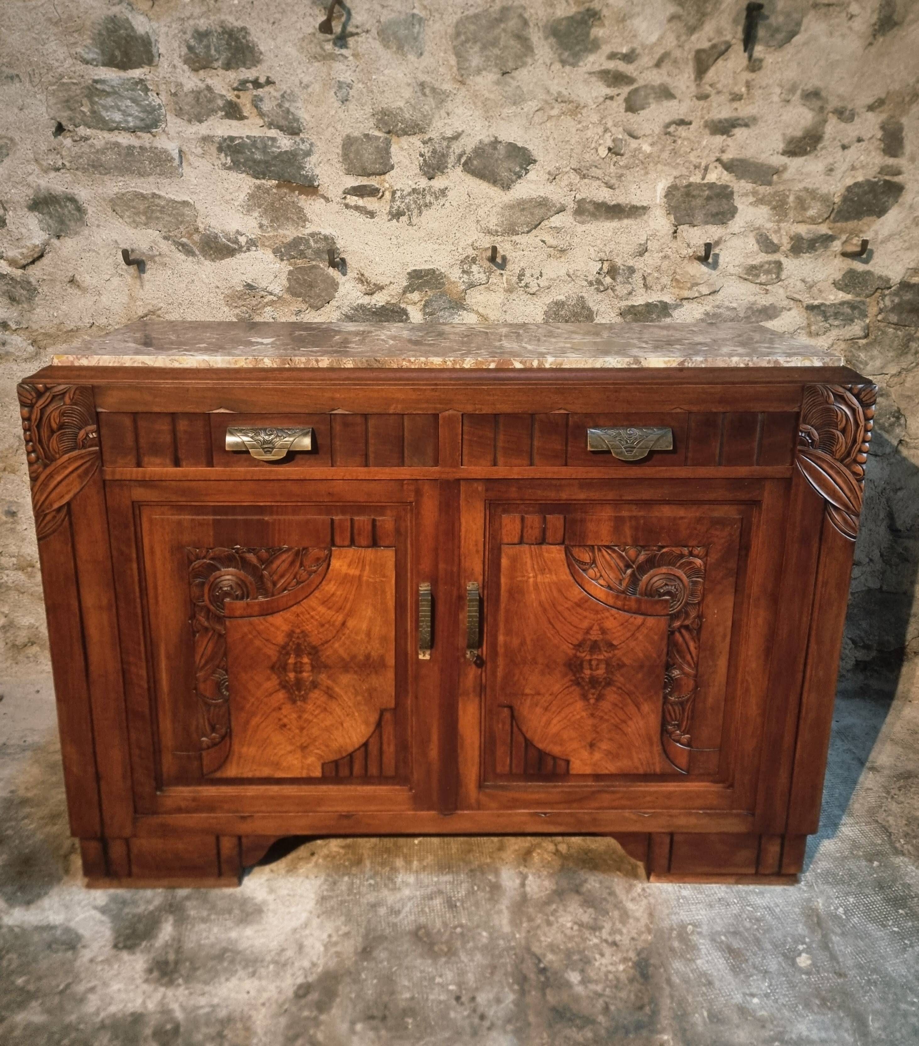 French Art Deco walnut sideboard with marble top (1930s)