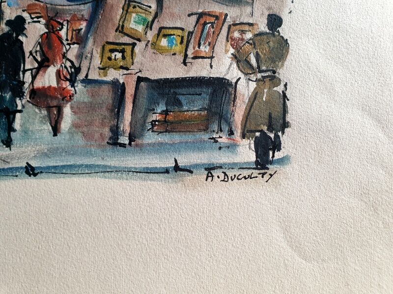 Aquarelle sur vélin d'Arches Genève, place du Port, La foire aux tableaux, André Duculty