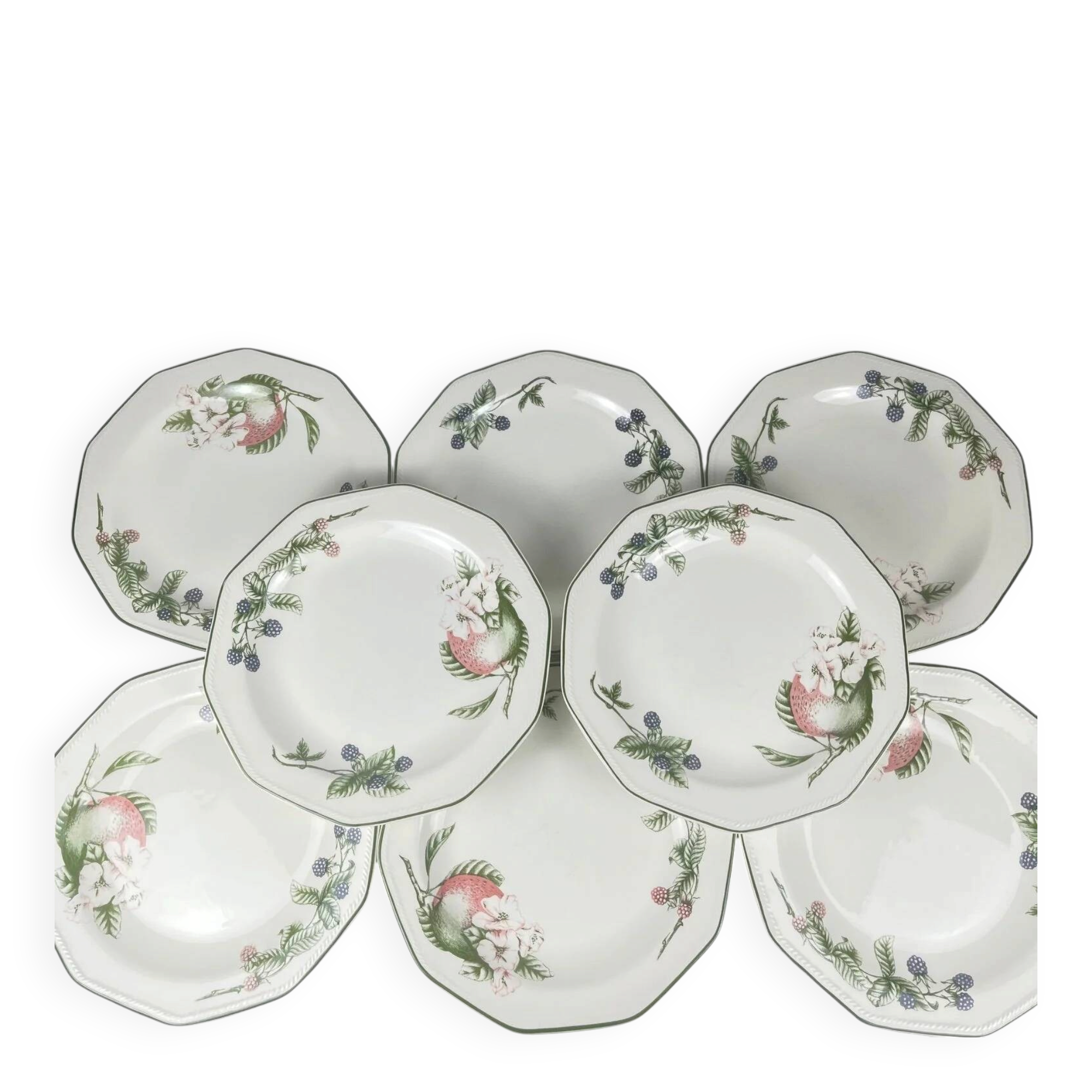 Set of 8 flat plates by Churchill, "Victorian Orchard" model, Staffordshire, England.