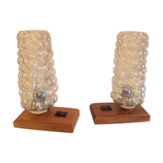 Pair of amber bubble glass bedside lamps / vintage 60s-70s