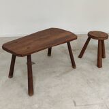 Set of free-form elm coffee table and brutalist style stools