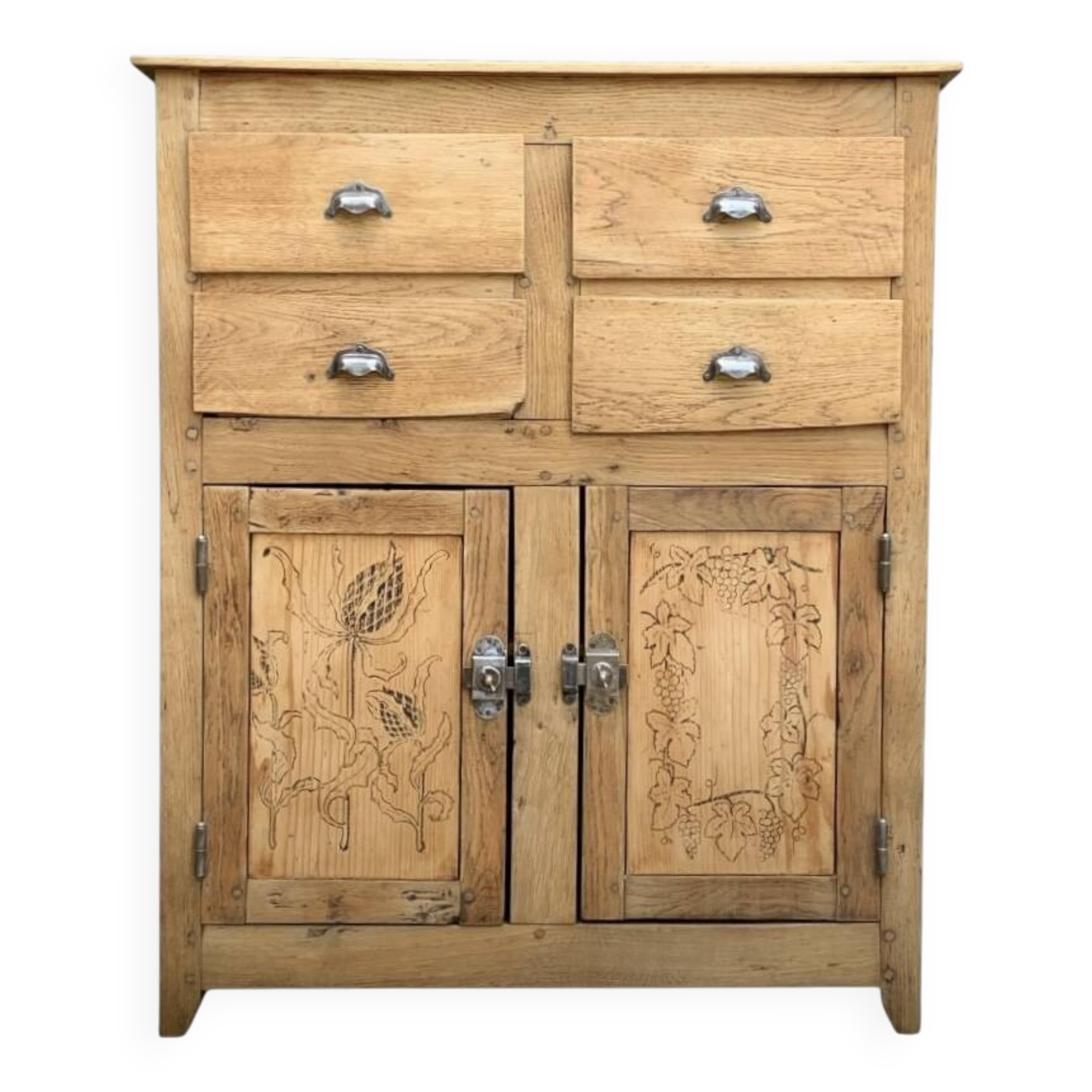 Parisian art deco sideboard in solid raw wood with pyrographed decorations, 1929