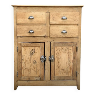 Parisian art deco sideboard in solid raw wood with pyrographed decorations, 1929