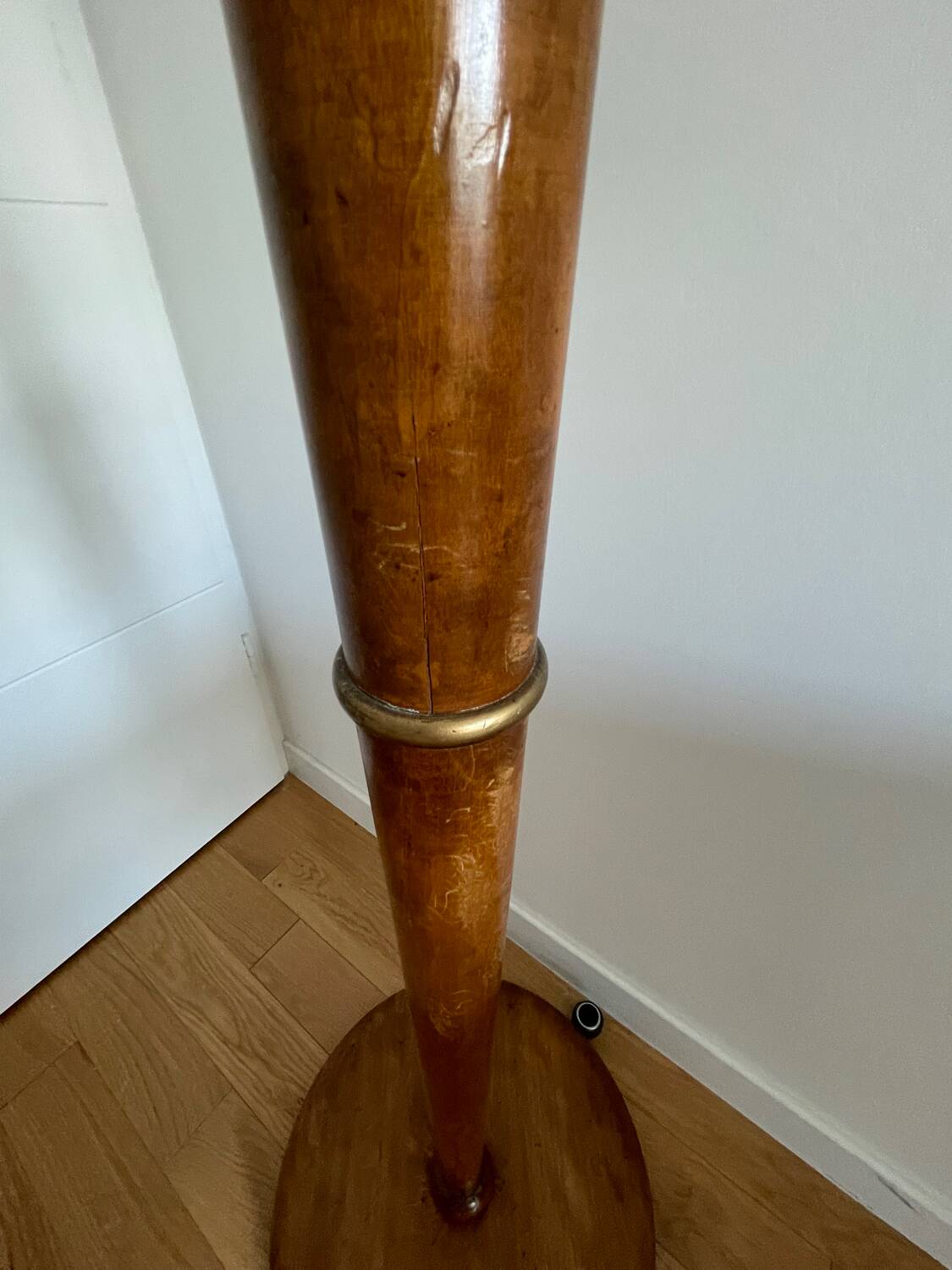 Antique wooden floor lamp with opaline glass shade