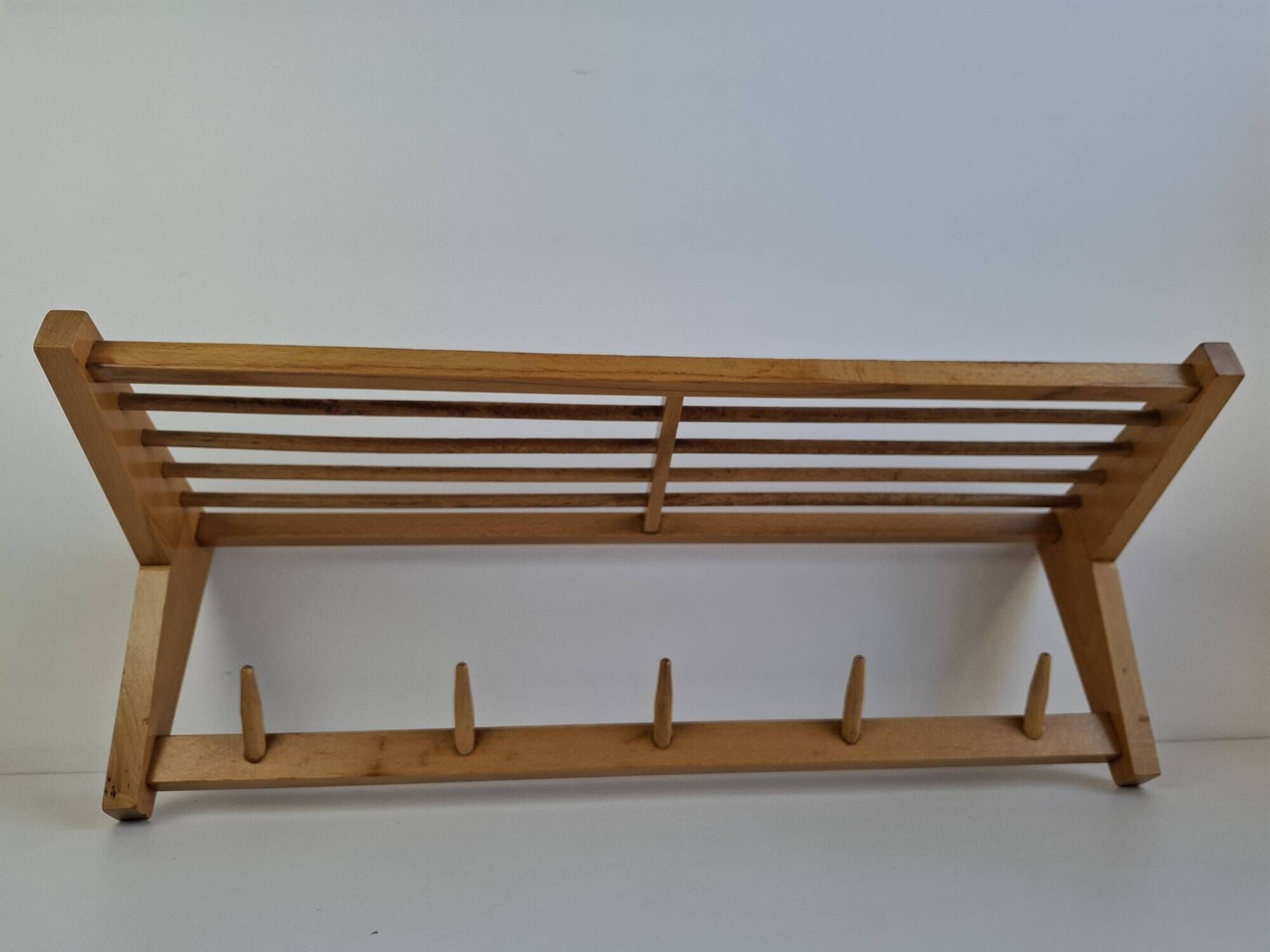 Uluv czechoslovakian mid-century wooden wall coat rack with shelf, 1970