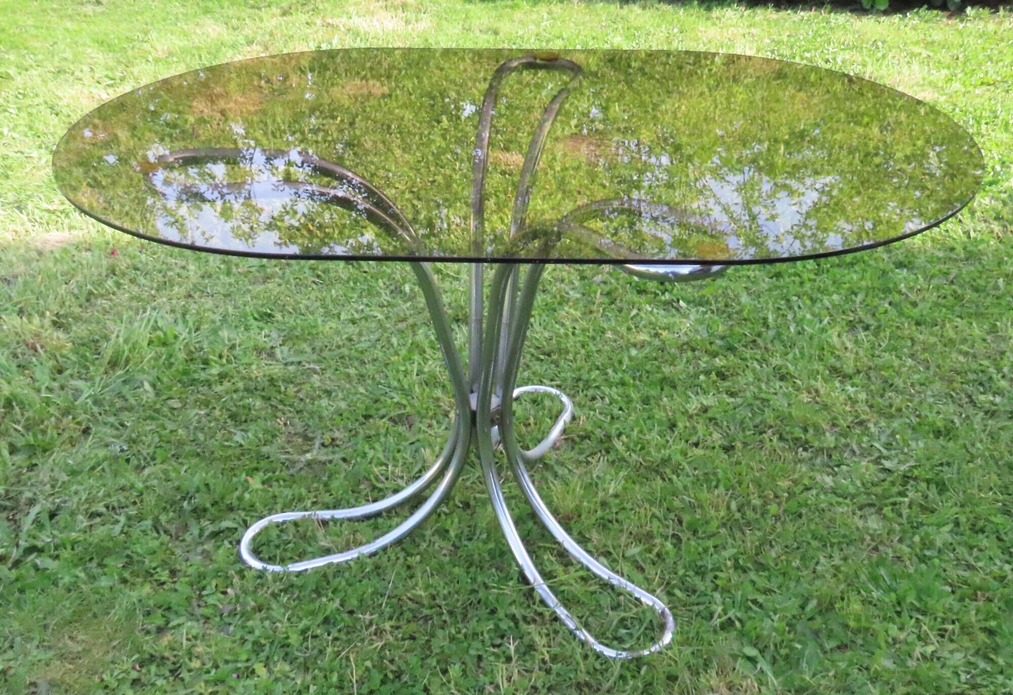 Giotto Stoppino Vintage Italian Smoked Glass and Chrome Oval Table