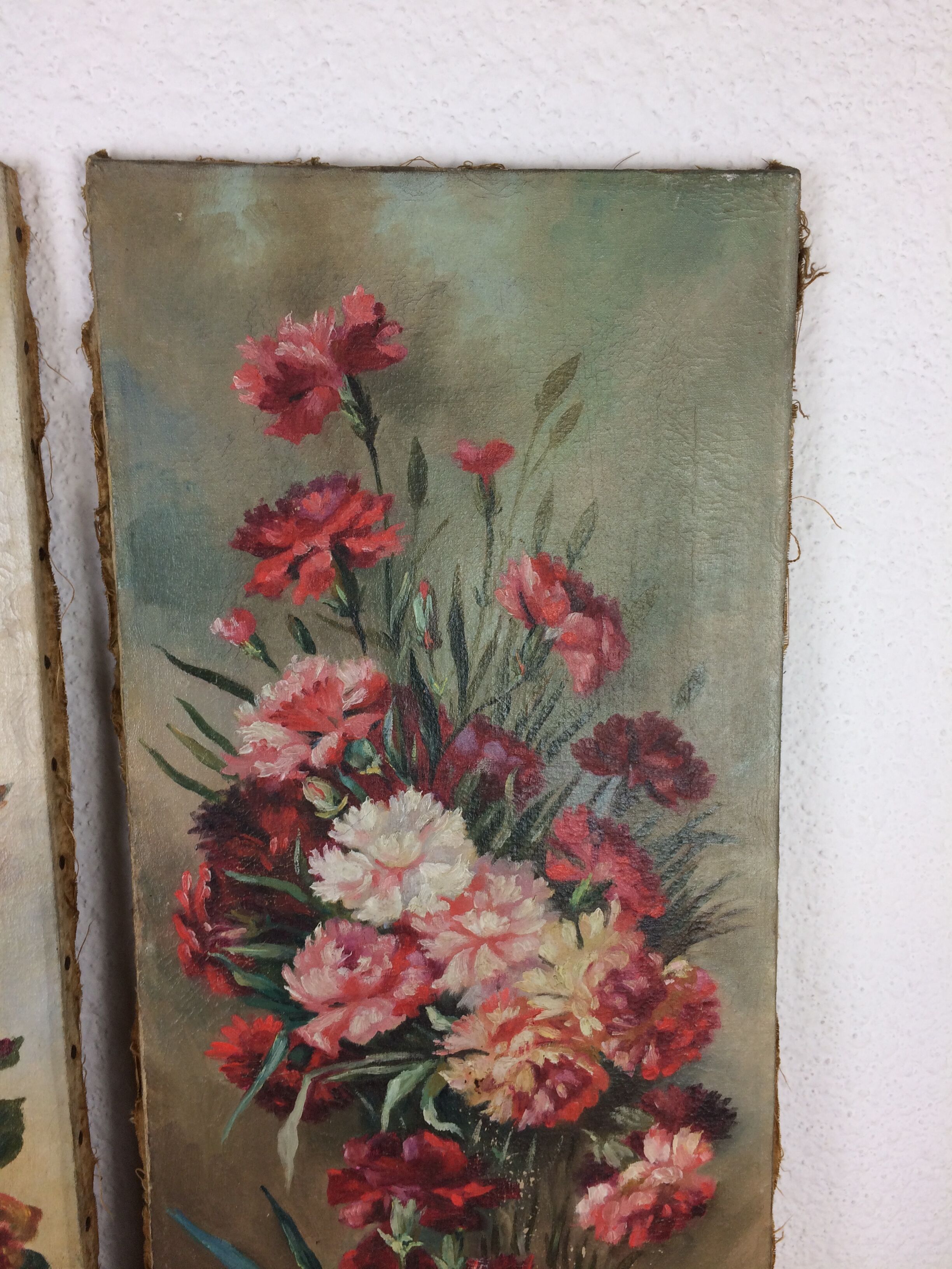 Suite of 2 old still lifes, painting on canvas, flowers