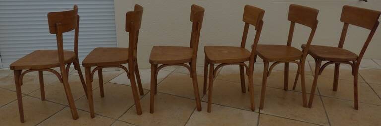 6 vintage Baumann wooden bistro chairs in their patina