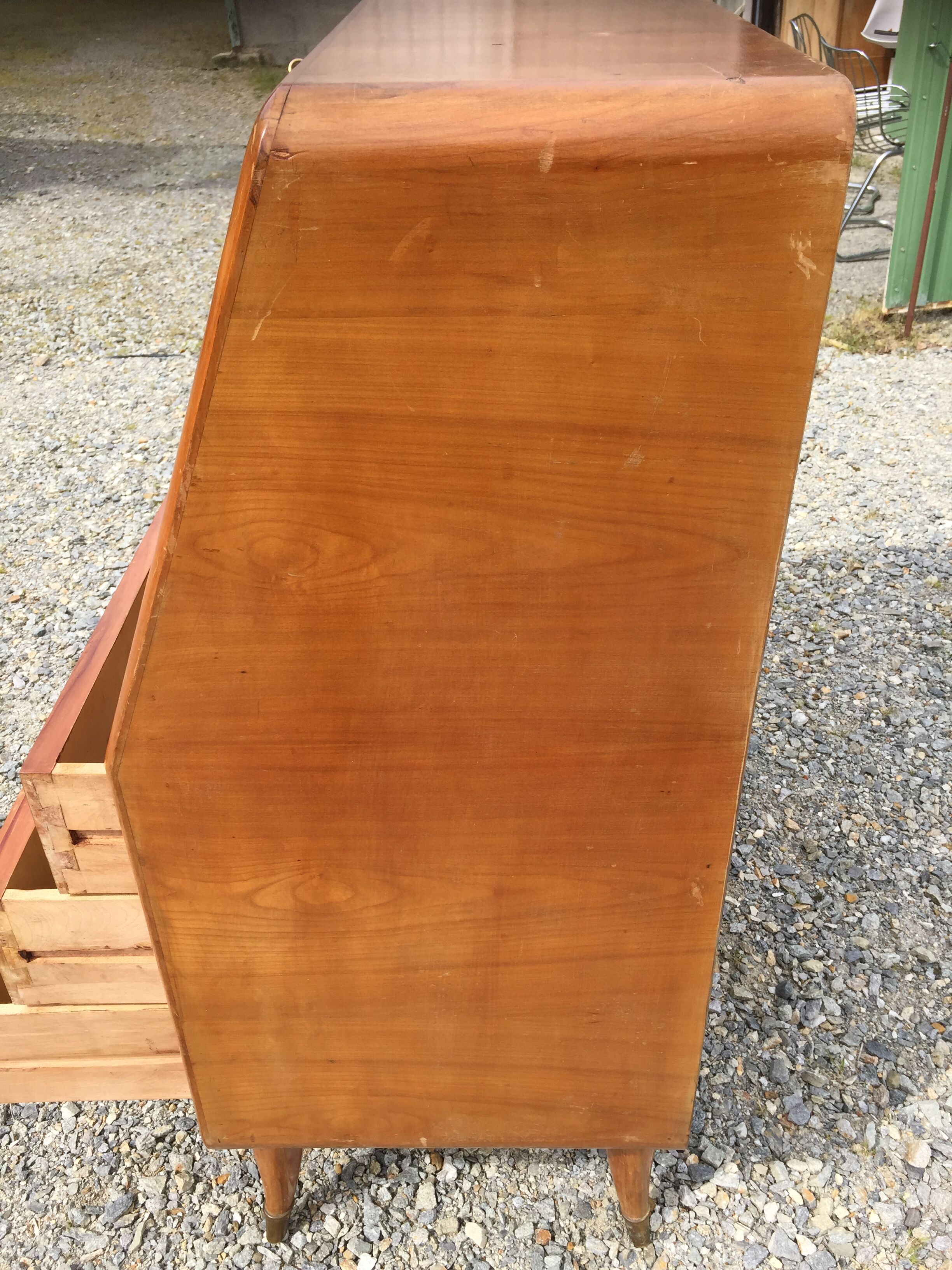 Vintage secretary desk, known as donkey's back, in cherry wood, Italian by Marelli & Fratelli.