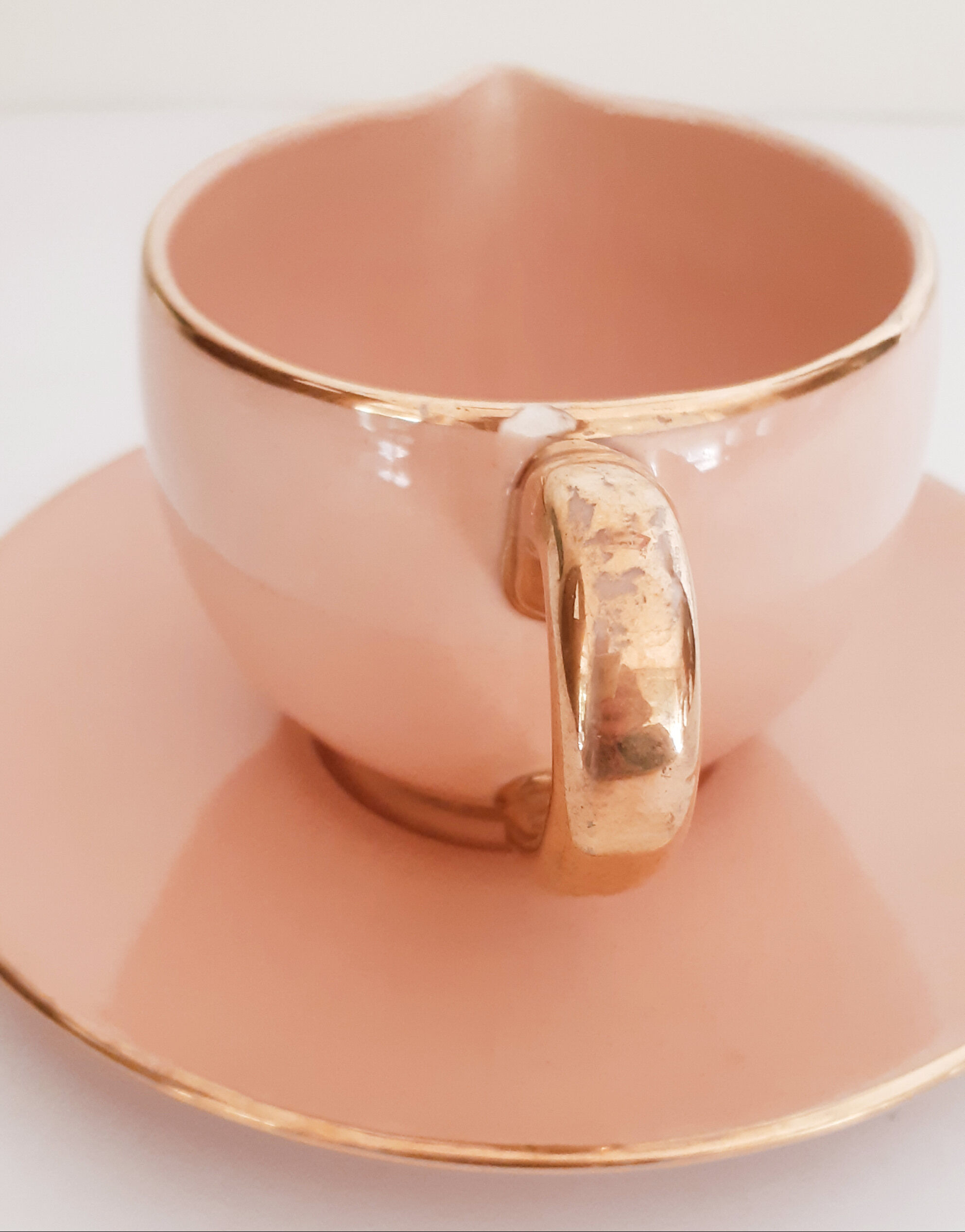 Cup pourer in pink and gold earthenware, vintage