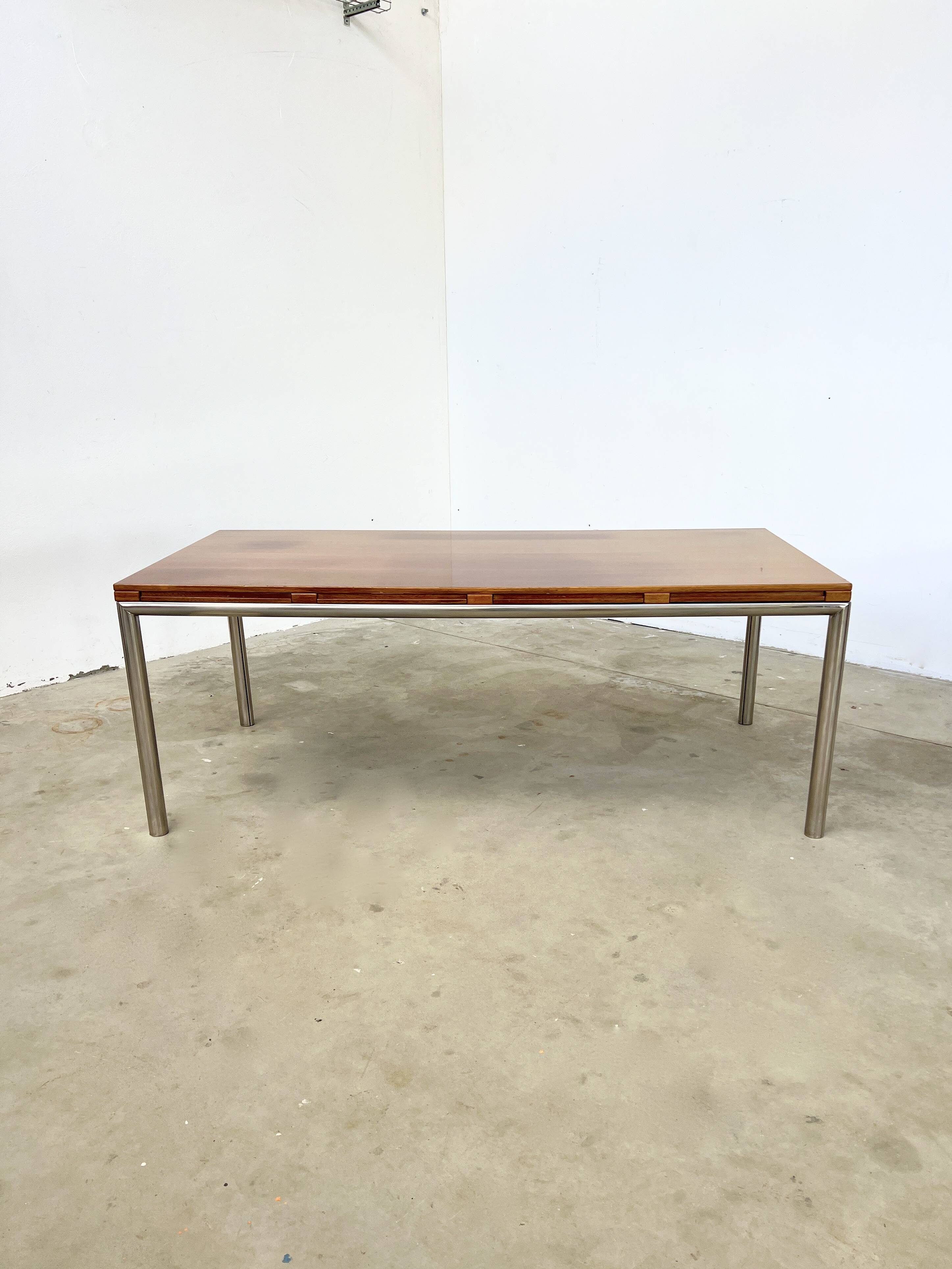 Italian walnut and chrome dining table with 4 drawers