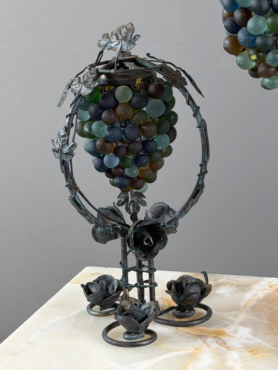 Set of three lamps in bronze and polychrome Murano glass, 20th century
