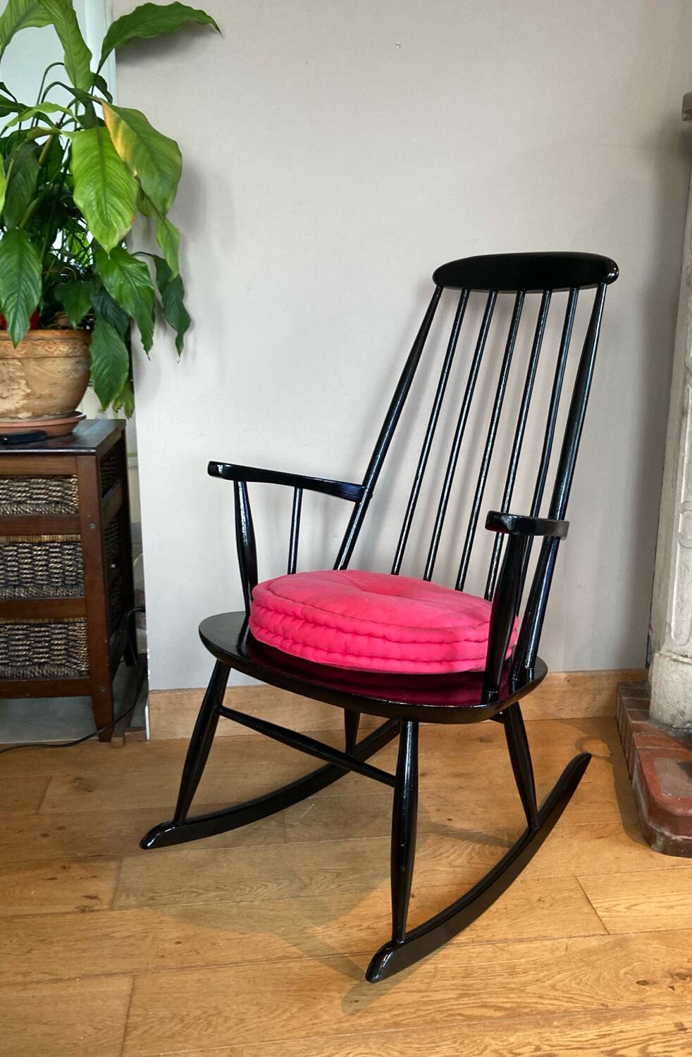 Vintage Scandinavian rocking chair in blackened wood from the 1970s