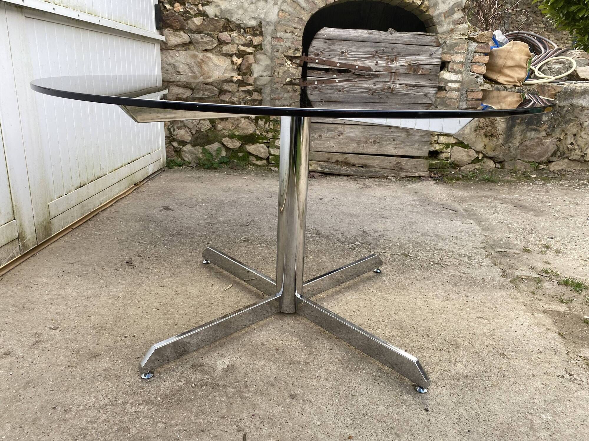 Smoked glass round table chrome Florence Knoll Roche Bobois an70