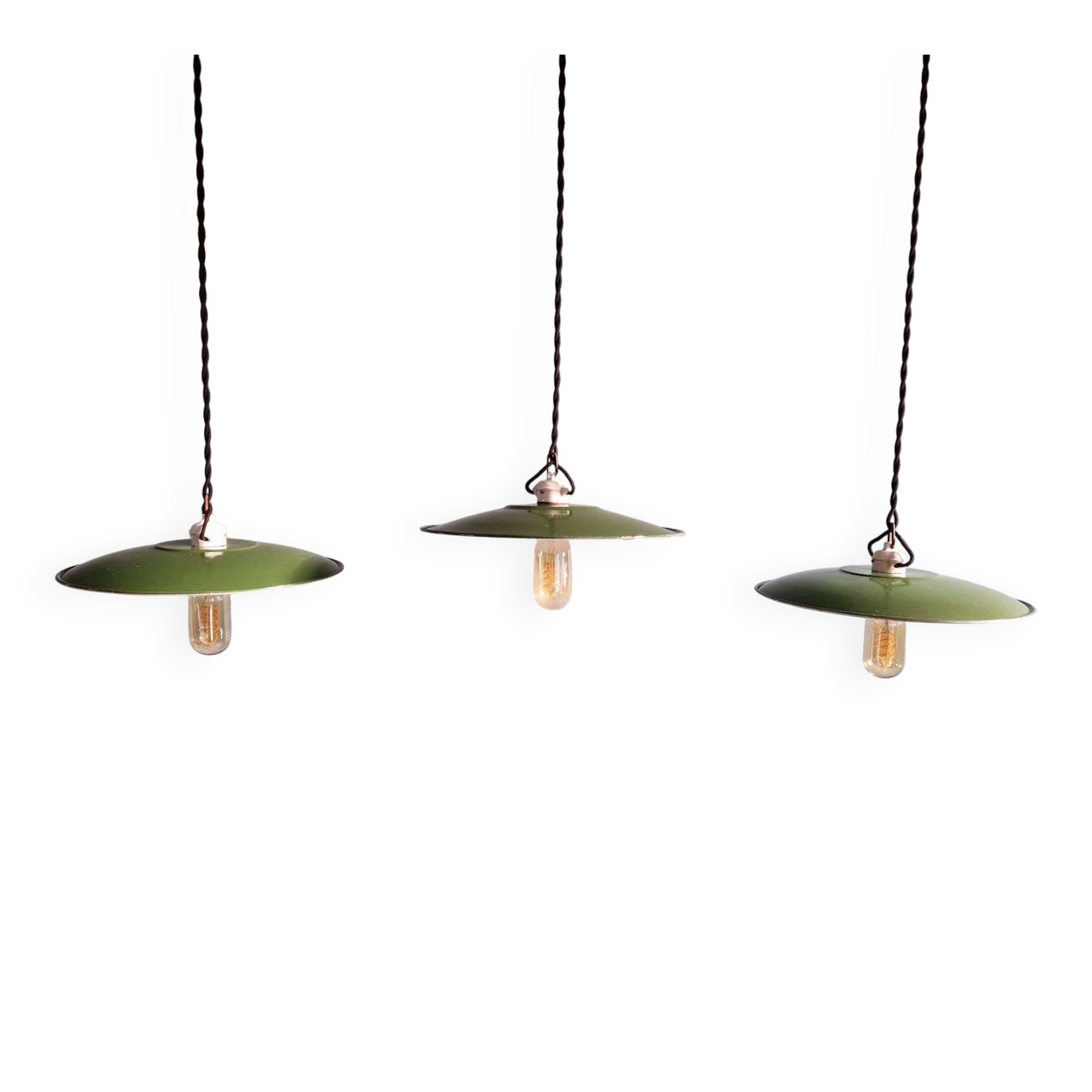 Trio of large industrial suspensions in green enamelled sheet metal.