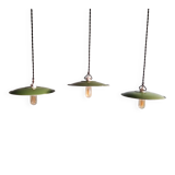 Trio of large industrial suspensions in green enamelled sheet metal.