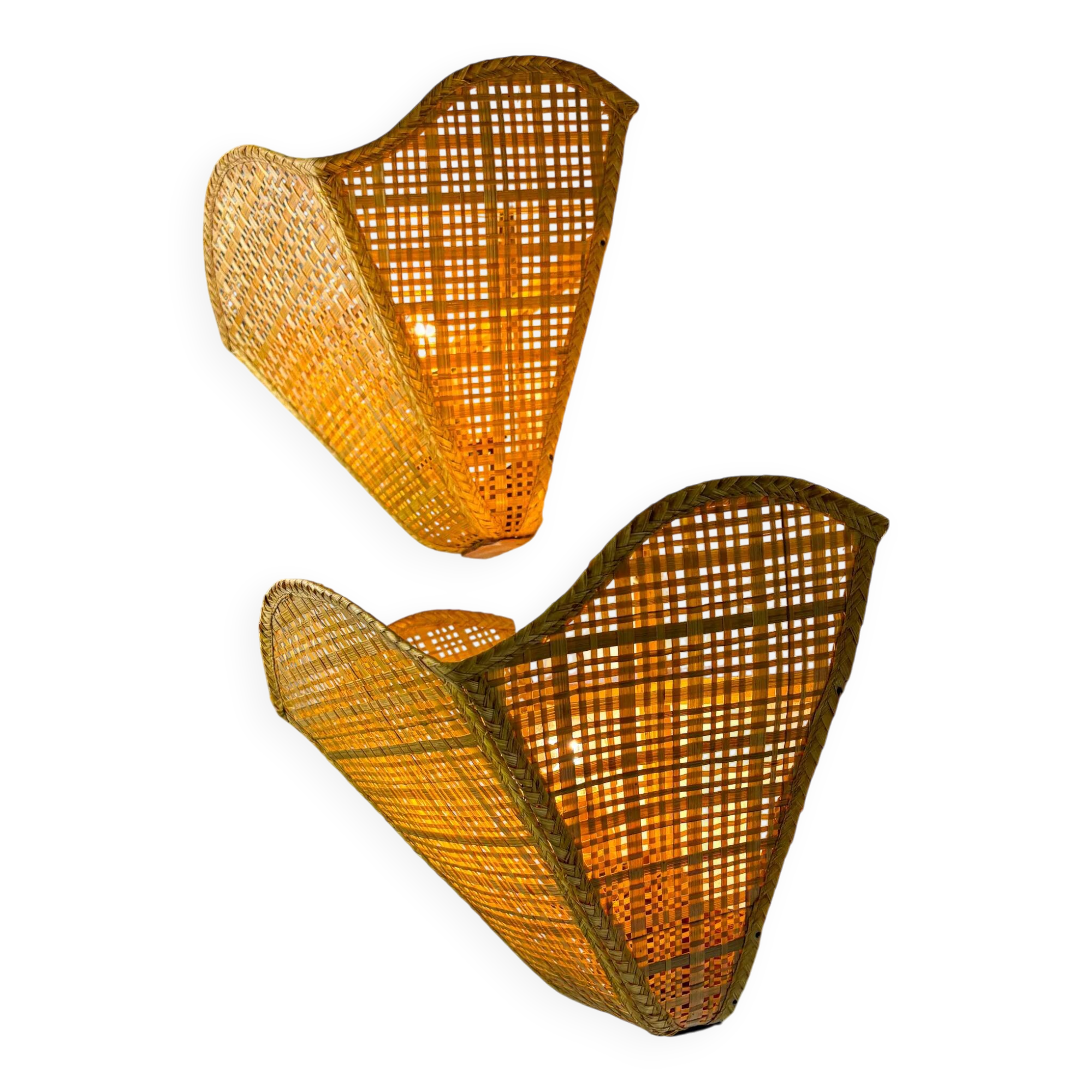 Pair of scalloped rattan wall sconces, sourced in Spain, 1980s