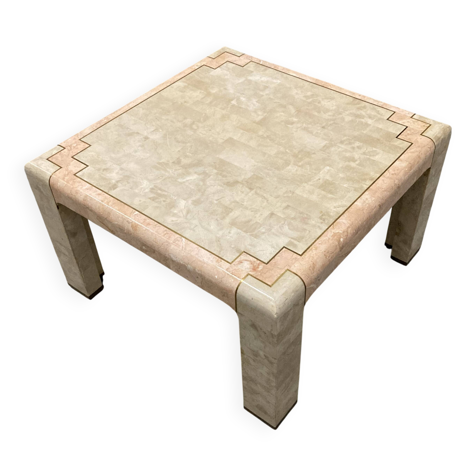 Marble tessellate coffee table '80, off white and salmon with brass