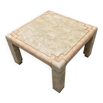Marble tessellate coffee table '80, off white and salmon with brass