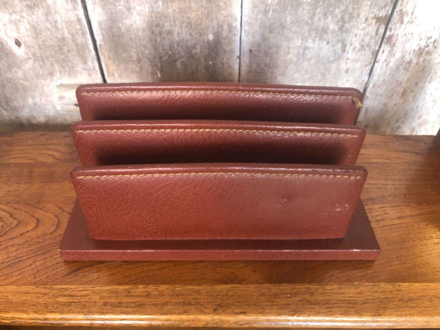 Old brown leather letter mail holder vintage office storage