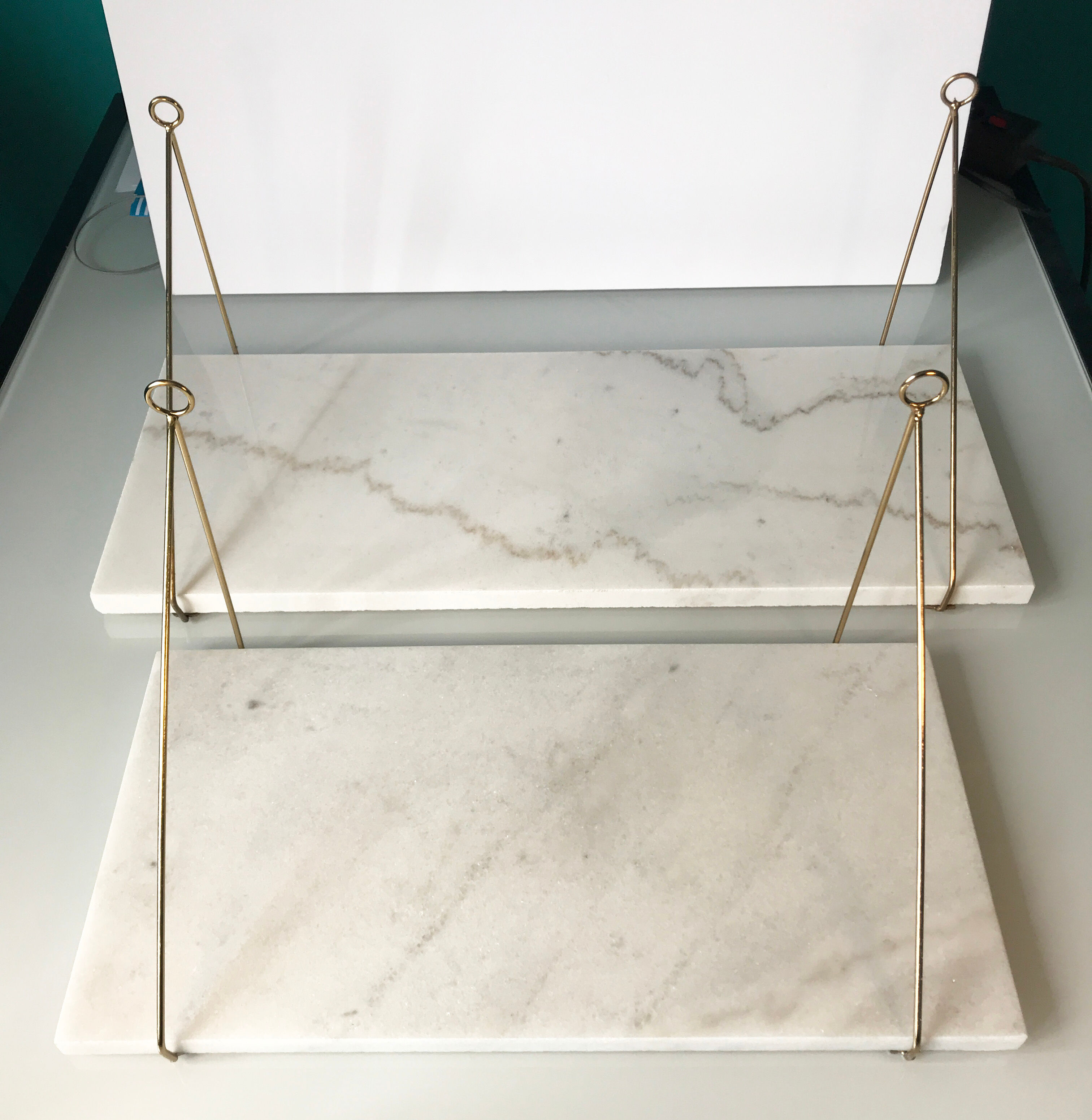 Lot of 2 marble and gold metal shelves