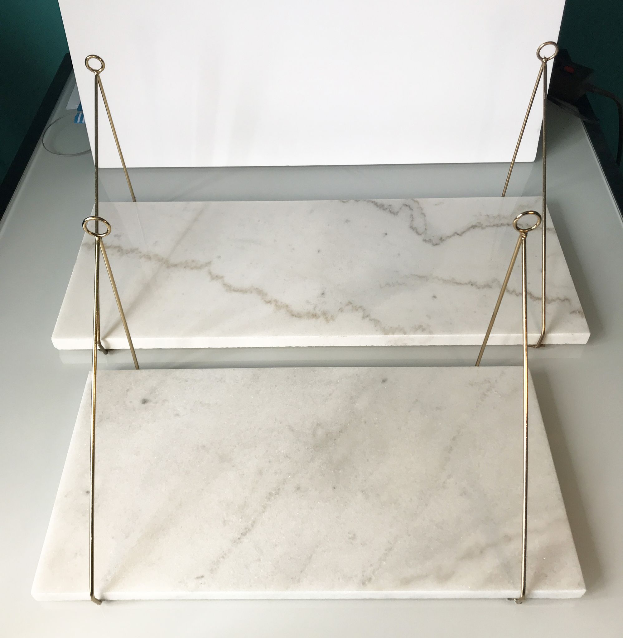 Lot of 2 marble and gold metal shelves