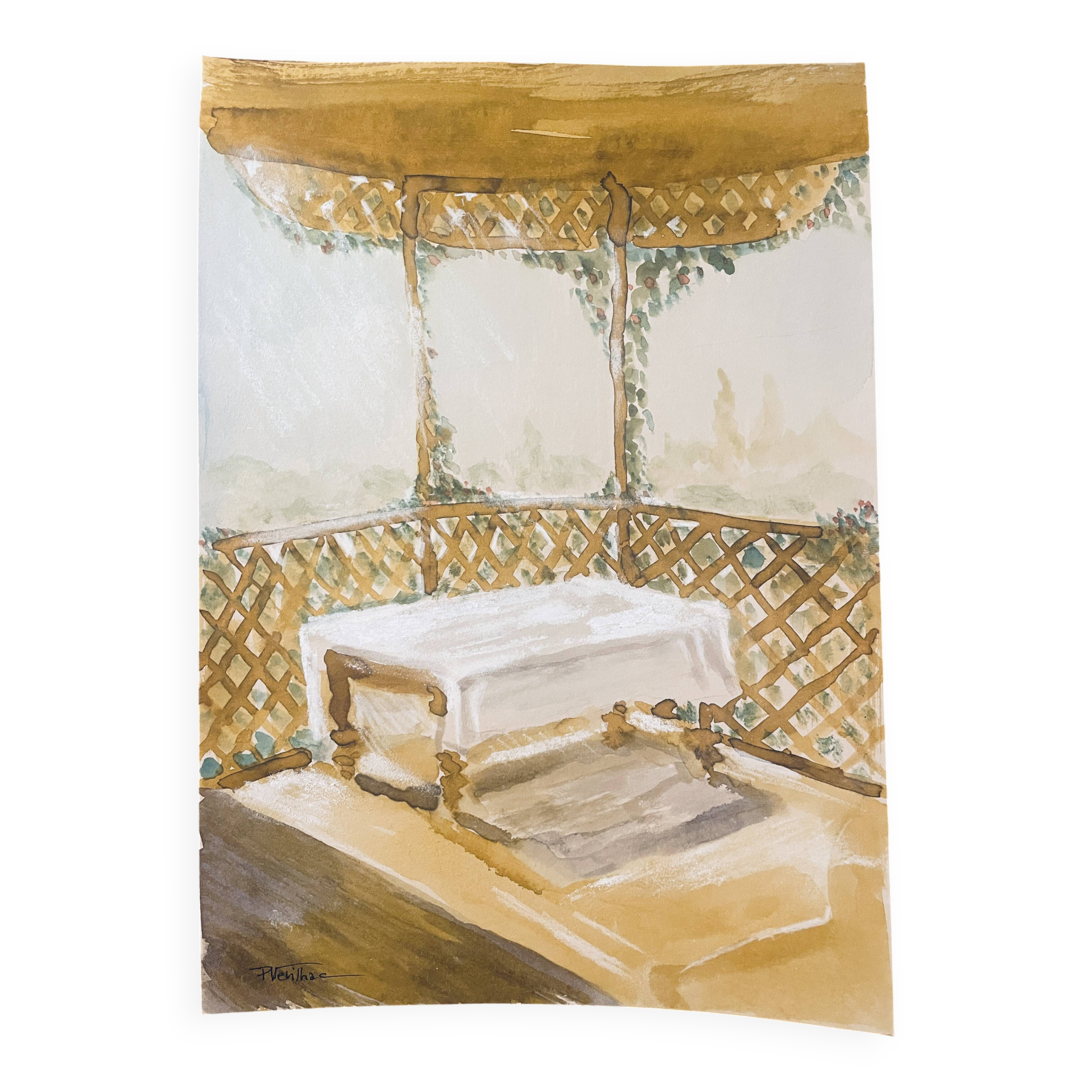 Signed watercolour painting "Provençal table under the arbor"