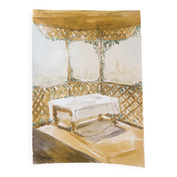 Tableau signé aquarelle paysage «&nbsp;table Provençale sous la tonnelle&nbsp;»
