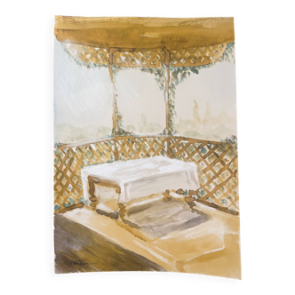 Tableau signé aquarelle paysage « table Provençale sous la tonnelle »