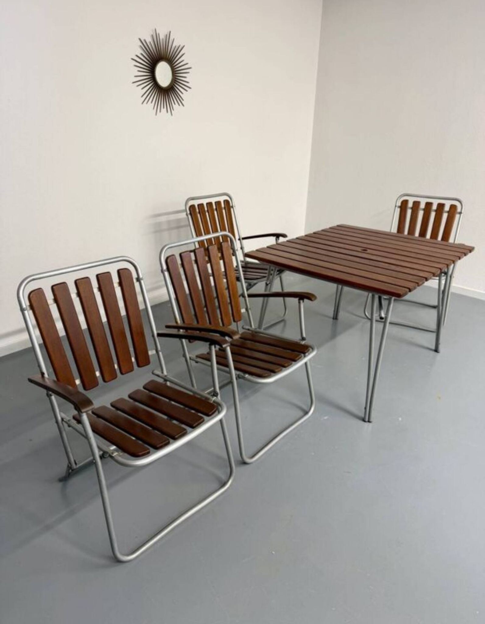Vintage folding garden set table 4 chairs wood and metal 1960