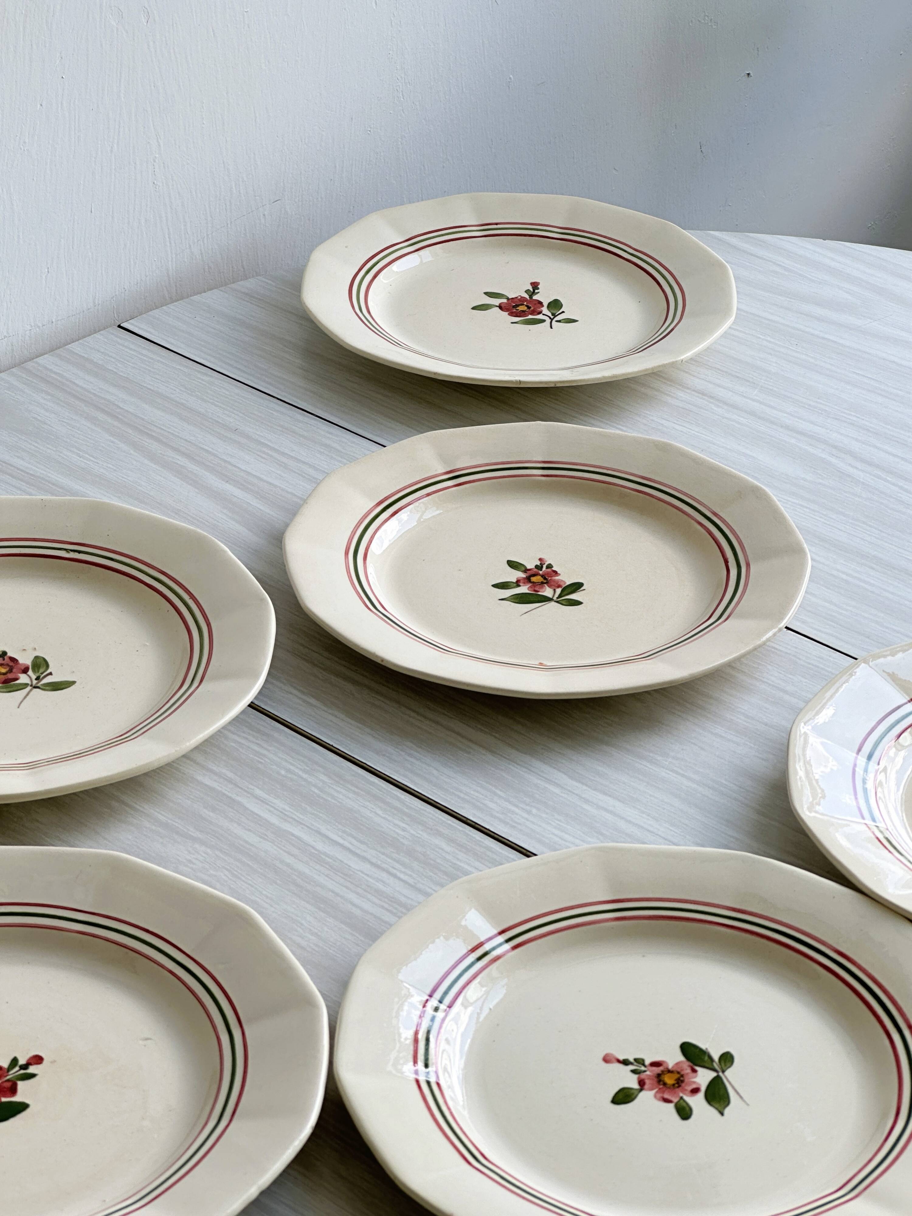 7 earthenware plates, hand-painted floral decoration, Sarreguemines, Armelle model