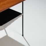 Sidetable with teak top and black and white storage shelves