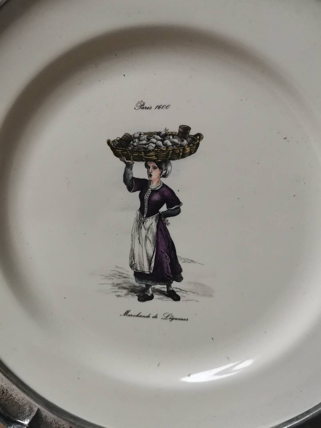 Vintage St Clément plate to hang with pewter frame stamped pewter of the fountain France