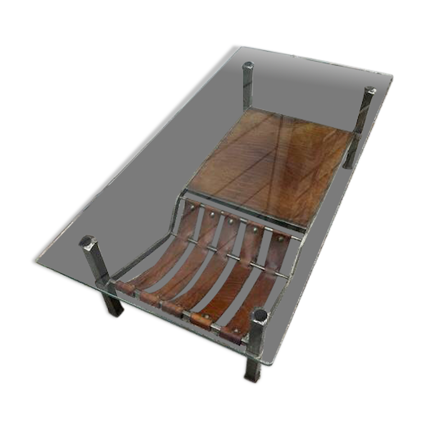 Wrought iron and leather coffee table, brutalist style, 1970s
