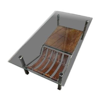 Wrought iron and leather coffee table, brutalist style, 1970s